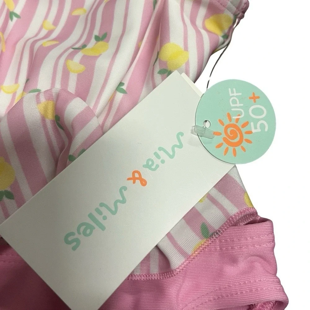 NWT Mia & Miles Sweet Pink and Yellow Ruffled 2 Piece Bathing Suit Toddler 24M‎